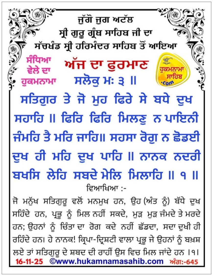 ਸ੍ਰੀ ਦਰਬਾਰ ਸਾਹਿਬ ਤੋਂ ਅੱਜ ਦਾ ਹੁਕਮਨਾਮਾ  15-11-2025